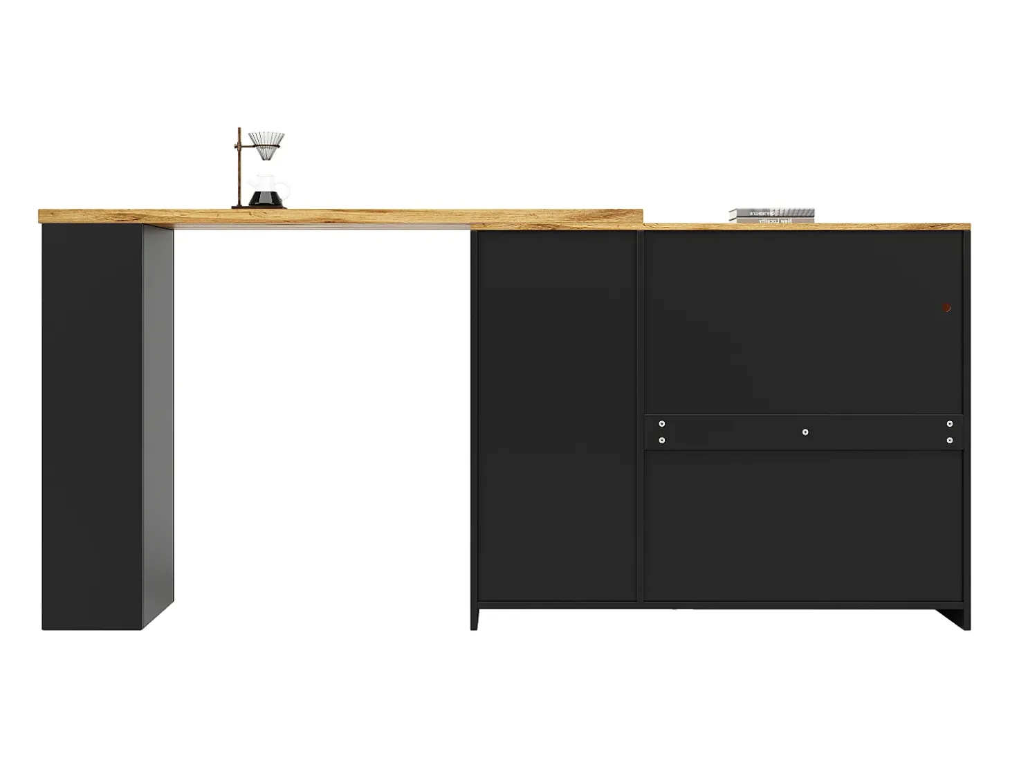 Draaibare barkast met 4 deuren en LED-verlichting - Glazen deuren - Houtnerf bovenblad - Zwart