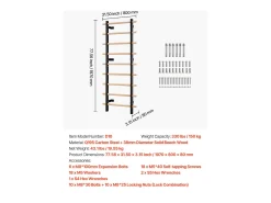 Escalador de Parede SucceBuy em Madeira Maciça e Aço de Carbono 197x80 cm, Escada Sueca a 9 Níveis, Capacidade de Carga até 150 kg, Ideal para Escalada