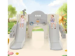 Escorrega duplo 8 em 1 para criança - 200 x 165 x 95 cm - HDPE - com espaço de arrumação e cesto de basquetebol - Cinza