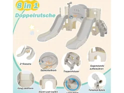 Escorrega duplo 8 em 1 para criança - 200 x 165 x 95 cm - HDPE - com espaço de arrumação e cesto de basquetebol - Cinza