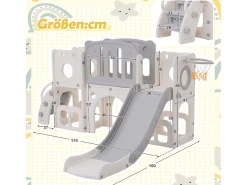 Escorrega HDPE 6 em 1 para crianças com plataforma, escadas, 2 áreas de armazenamento, arcada, cesto de basquetebol, cinzento