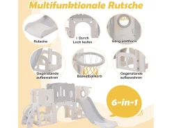 Escorrega HDPE 6 em 1 para crianças com plataforma, escadas, 2 áreas de armazenamento, arcada, cesto de basquetebol, cinzento