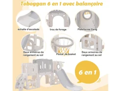 Escorrega HDPE 6 em 1 para crianças com plataforma, escadas, 2 áreas de armazenamento, arcada, cesto de basquetebol, cinzento