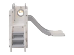 Escorrega HDPE 6 em 1 para crianças com plataforma, escadas, 2 áreas de armazenamento, arcada, cesto de basquetebol, cinzento