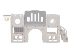 Escorrega HDPE 6 em 1 para crianças com plataforma, escadas, 2 áreas de armazenamento, arcada, cesto de basquetebol, cinzento
