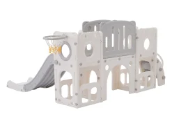 Escorrega HDPE 6 em 1 para crianças com plataforma, escadas, 2 áreas de armazenamento, arcada, cesto de basquetebol, cinzento