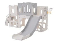 Escorrega HDPE 6 em 1 para crianças com plataforma, escadas, 2 áreas de armazenamento, arcada, cesto de basquetebol, cinzento