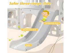 Escorrega infantil 6 em 1 - composto por escorrega, cesto de basquetebol, escada, túnel e dois espaços de arrumação - Polietileno - Cinza claro
