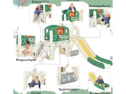 Escorrega para crianças, parque infantil interior e exterior - com cesto de basquetebol, escorrega, escalada - verde