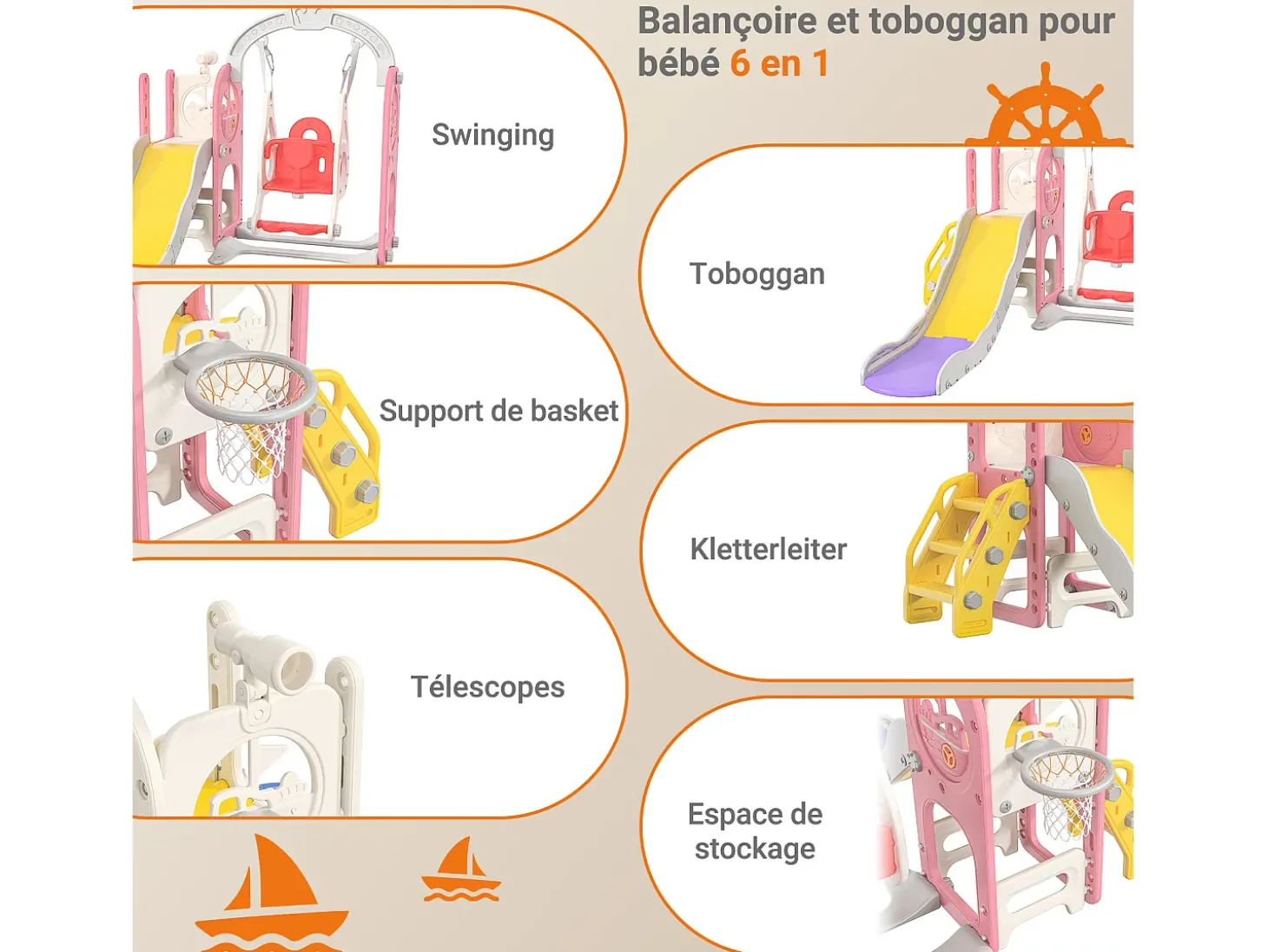 Escorregador + balanço + bola + telescópio de navio pirata rosa