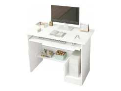 Escritório branco compacto com gavetas e prateleira deslizante para teclado – design moderno e armazenamento otimizado
