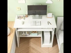 Escritório branco compacto com gavetas e prateleira deslizante para teclado – design moderno e armazenamento otimizado