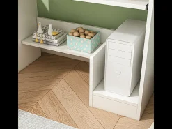 Escritório branco compacto com gavetas e prateleira deslizante para teclado – design moderno e armazenamento otimizado