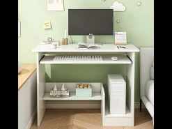 Escritório branco compacto com gavetas e prateleira deslizante para teclado – design moderno e armazenamento otimizado