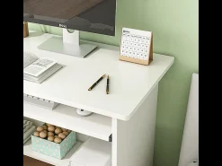 Escritório branco compacto com gavetas e prateleira deslizante para teclado – design moderno e armazenamento otimizado