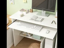 Escritório branco compacto com gavetas e prateleira deslizante para teclado – design moderno e armazenamento otimizado