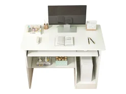 Escritório branco compacto com gavetas e prateleira deslizante para teclado – design moderno e armazenamento otimizado