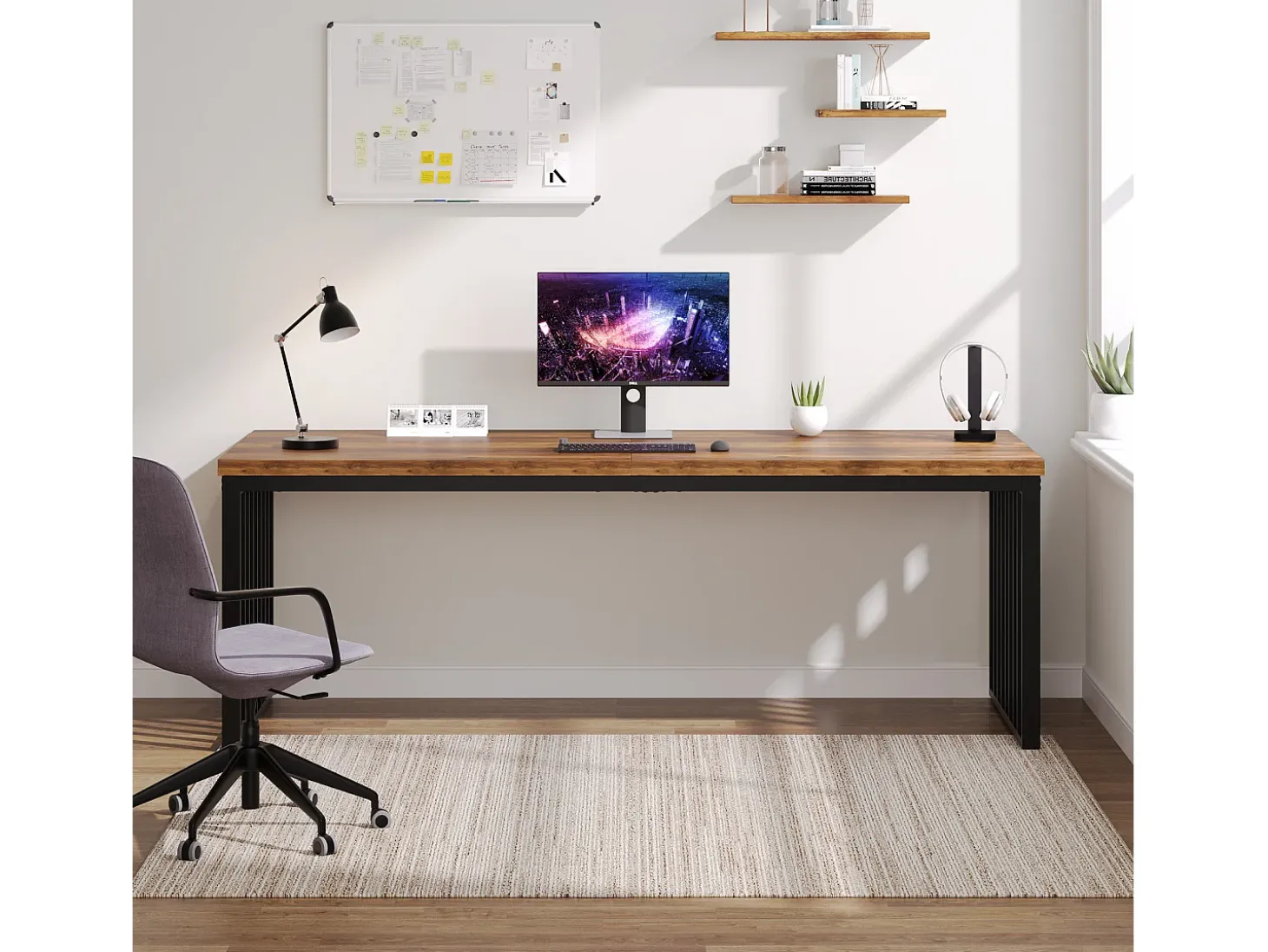 Escritório de computador, Grande Mesa de Escritório de 180 cm, Estação de Trabalho para Escritório em Casa, Mesa de Reunião, Castanho (sem Cadeira)