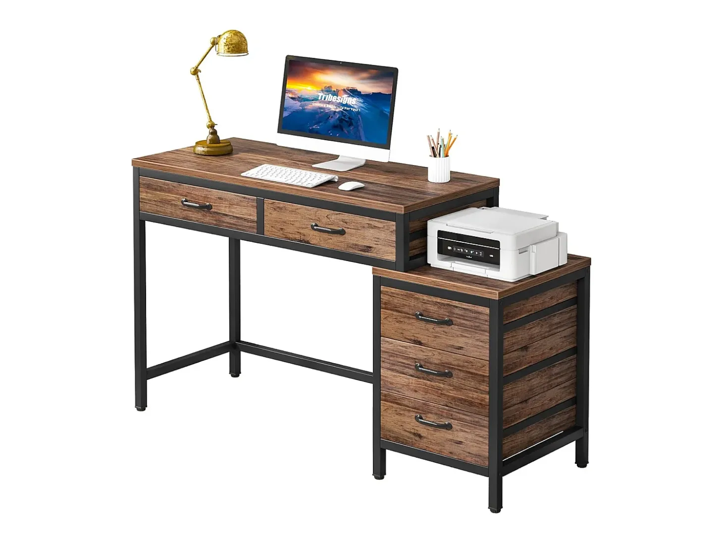Escritório de computador, Mesa de escritório com 5 gavetas, Escrivaninha com armário de gavetas reversível, Suporte para impressora para a casa