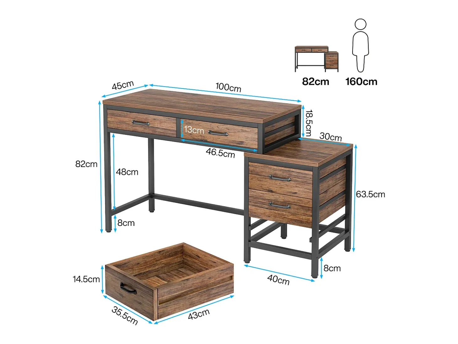Escritório de computador, Mesa de escritório com 5 gavetas, Escrivaninha com armário de gavetas reversível, Suporte para impressora para a casa