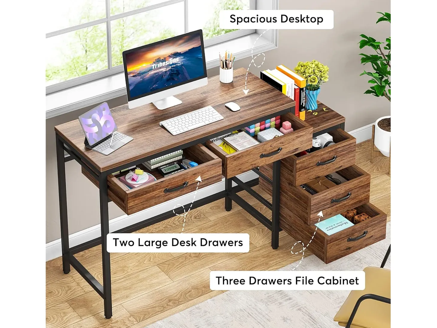 Escritório de computador, Mesa de escritório com 5 gavetas, Escrivaninha com armário de gavetas reversível, Suporte para impressora para a casa