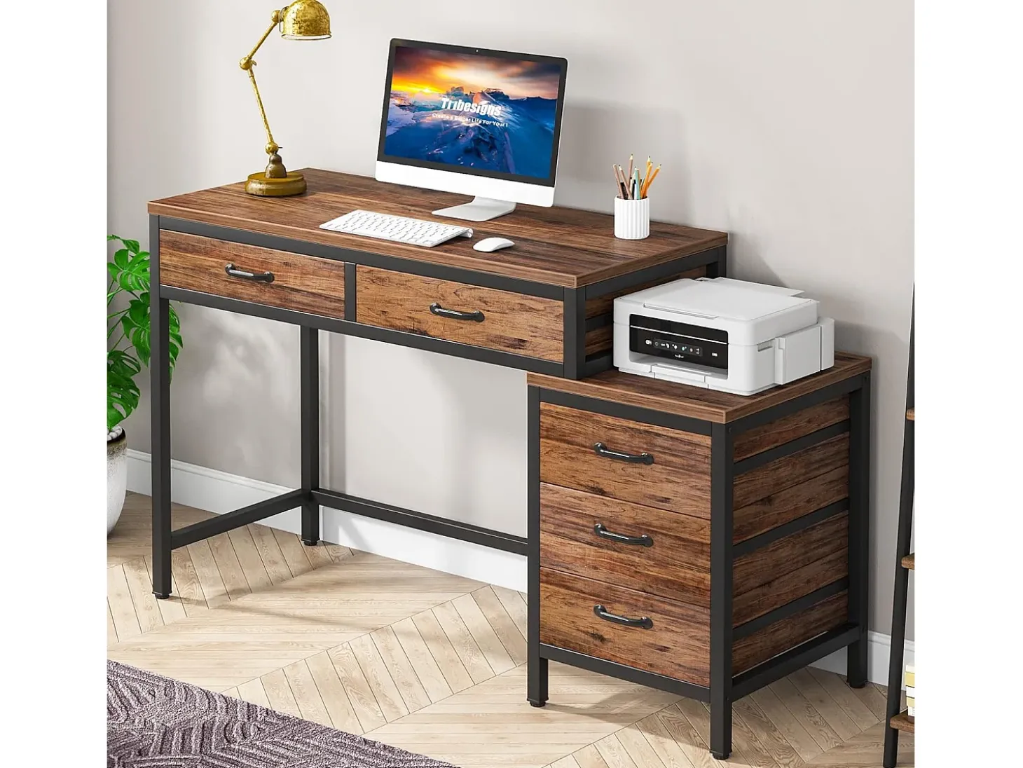 Escritório de computador, Mesa de escritório com 5 gavetas, Escrivaninha com armário de gavetas reversível, Suporte para impressora para a casa