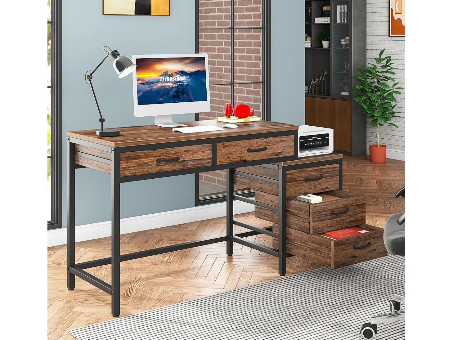 Escritório de computador, Mesa de escritório com 5 gavetas, Escrivaninha com armário de gavetas reversível, Suporte para impressora para a casa