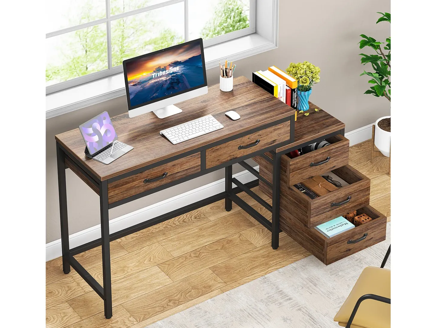 Escritório de computador, Mesa de escritório com 5 gavetas, Escrivaninha com armário de gavetas reversível, Suporte para impressora para a casa