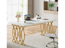 Escritório de computador, Mesa de escritório para computador de 160 cm Mesa de estudo moderna Mesa de trabalho Mesa de jantar com pernas douradas