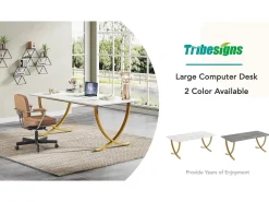 Escritório de computador, Mesa de escritório para computador de 160 cm Mesa de estudo moderna para PC Mesa de trabalho Mesa de jantar, Branco & Dourado
