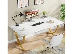 Escritório de computador, Mesa de escritório para computador de 160 cm Mesa de estudo moderna para PC Mesa de trabalho Mesa de jantar, Branco & Dourado