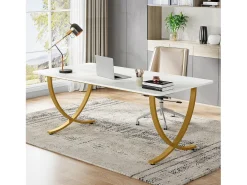 Escritório de computador, Mesa de escritório para computador de 160 cm Mesa de estudo moderna para PC Mesa de trabalho Mesa de jantar, Branco & Dourado