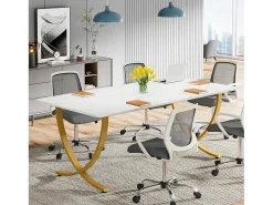 Escritório de computador, Mesa de escritório para computador de 160 cm Mesa de estudo moderna para PC Mesa de trabalho Mesa de jantar, Branco & Dourado