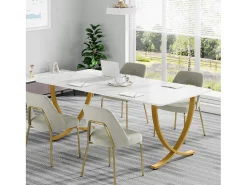 Escritório de computador, Mesa de escritório para computador de 160 cm Mesa de estudo moderna para PC Mesa de trabalho Mesa de jantar, Branco & Dourado