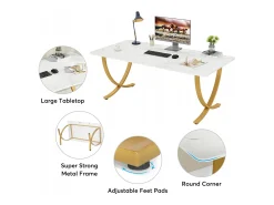 Escritório de computador, Mesa de escritório para computador de 160 cm Mesa de estudo moderna para PC Mesa de trabalho Mesa de jantar, Branco & Dourado