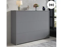 Escritório dobrável 115×27×93 cm - com função de carregamento sem fio - com prateleiras e rodas - Acabamento de alto brilho - ​​Cinza​