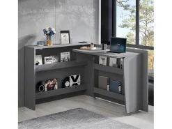 Escritório dobrável 115×27×93 cm - com função de carregamento sem fio - com prateleiras e rodas - Acabamento de alto brilho - Cinza