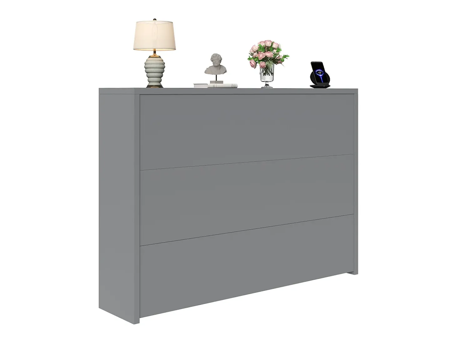 Escritório dobrável 115×27×93 cm - com função de carregamento sem fio - com prateleiras e rodas - Acabamento de alto brilho - Cinza