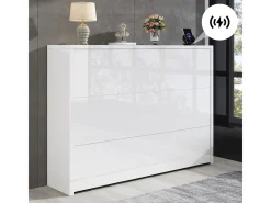 Escritório dobrável 115×27×93 cm - com função de carregamento sem fio - com prateleiras e rodas - Acabamento de alto brilho - Branco