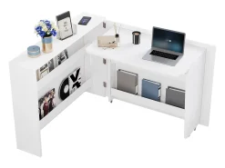 Escritório dobrável 115×27×93 cm - com função de carregamento sem fio - com prateleiras e rodas - Acabamento de alto brilho - Branco