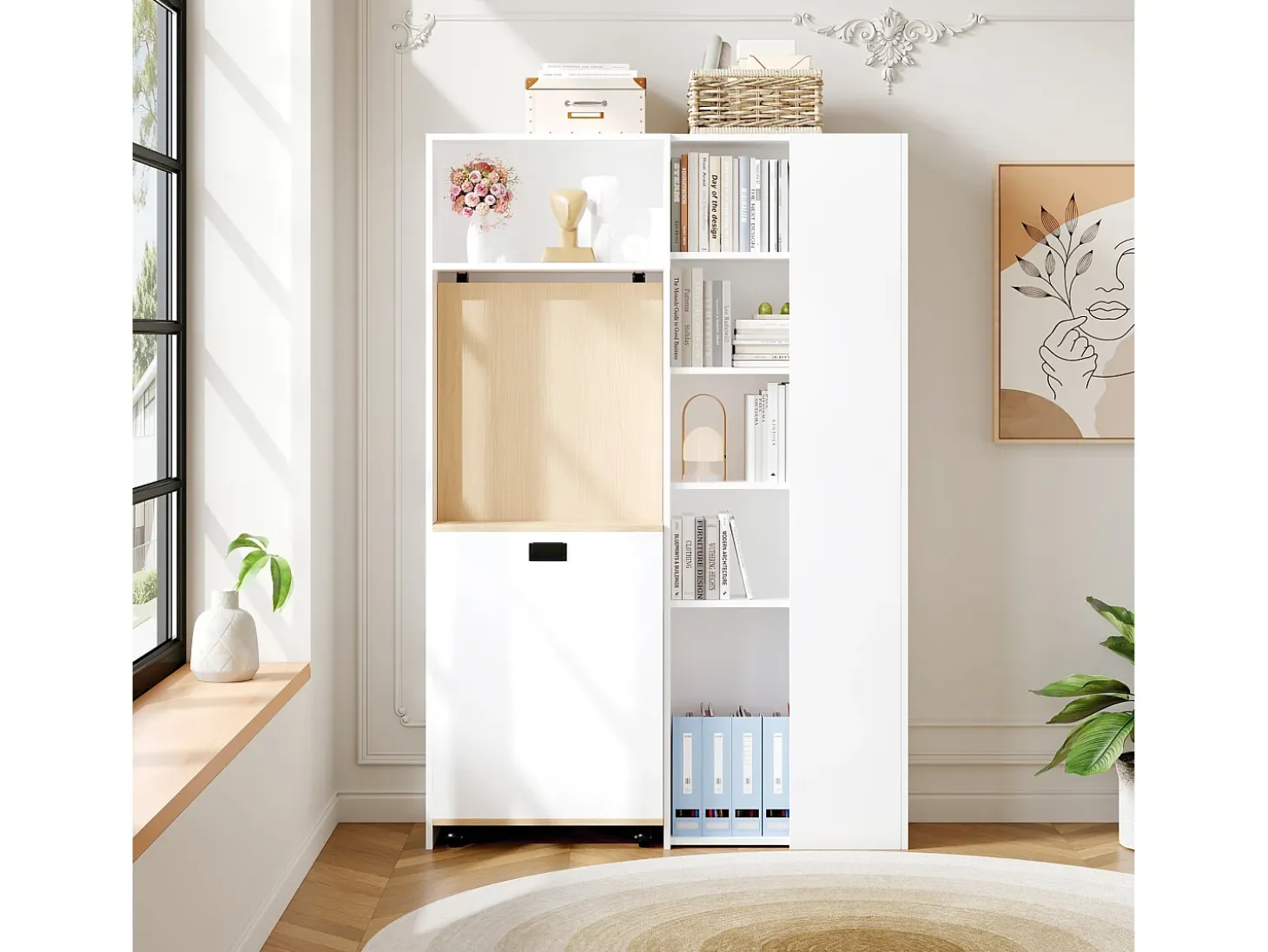 Escritório dobrável 104.5x30.5x160 cm - com estante - tomadas e portas USB - Prateleiras ajustáveis - Com rodas - Branco+natural