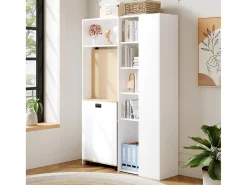 Escritório dobrável 104.5x30.5x160 cm - com estante - tomadas e portas USB - Prateleiras ajustáveis - Com rodas - Branco+natural