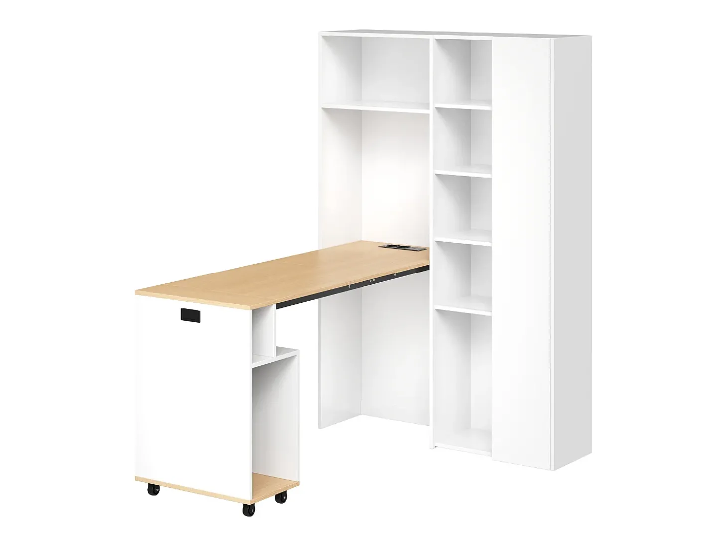 Escritório dobrável 104.5x30.5x160 cm - com estante - tomadas e portas USB - Prateleiras ajustáveis - Com rodas - Branco+natural