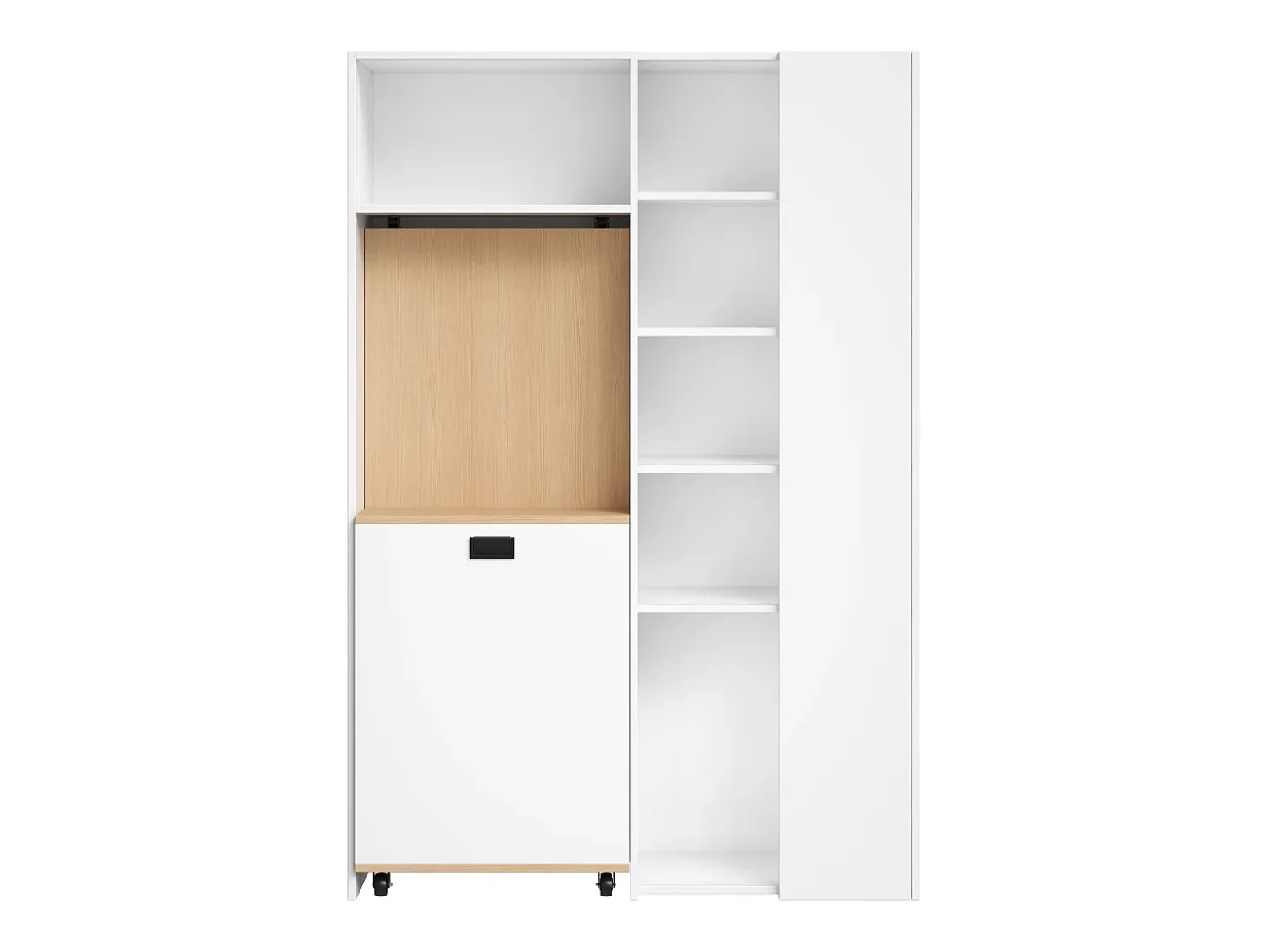 Escritório dobrável 104.5x30.5x160 cm - com estante - tomadas e portas USB - Prateleiras ajustáveis - Com rodas - Branco+natural