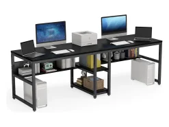 Escritório duplo para duas pessoas com estante de livros, mesa de computador dupla para duas pessoas, preto