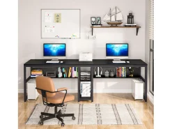 Escritório duplo para duas pessoas com estante de livros, mesa de computador dupla para duas pessoas, preto