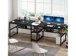 Escritório duplo para duas pessoas com estante de livros, mesa de computador dupla para duas pessoas, preto