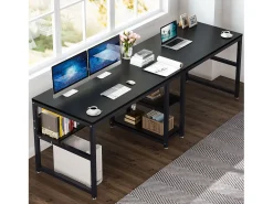 Escritório duplo para duas pessoas com estante de livros, mesa de computador dupla para duas pessoas, preto