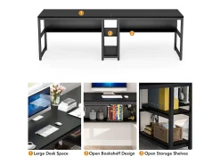 Escritório duplo para duas pessoas com estante de livros, mesa de computador dupla para duas pessoas, preto