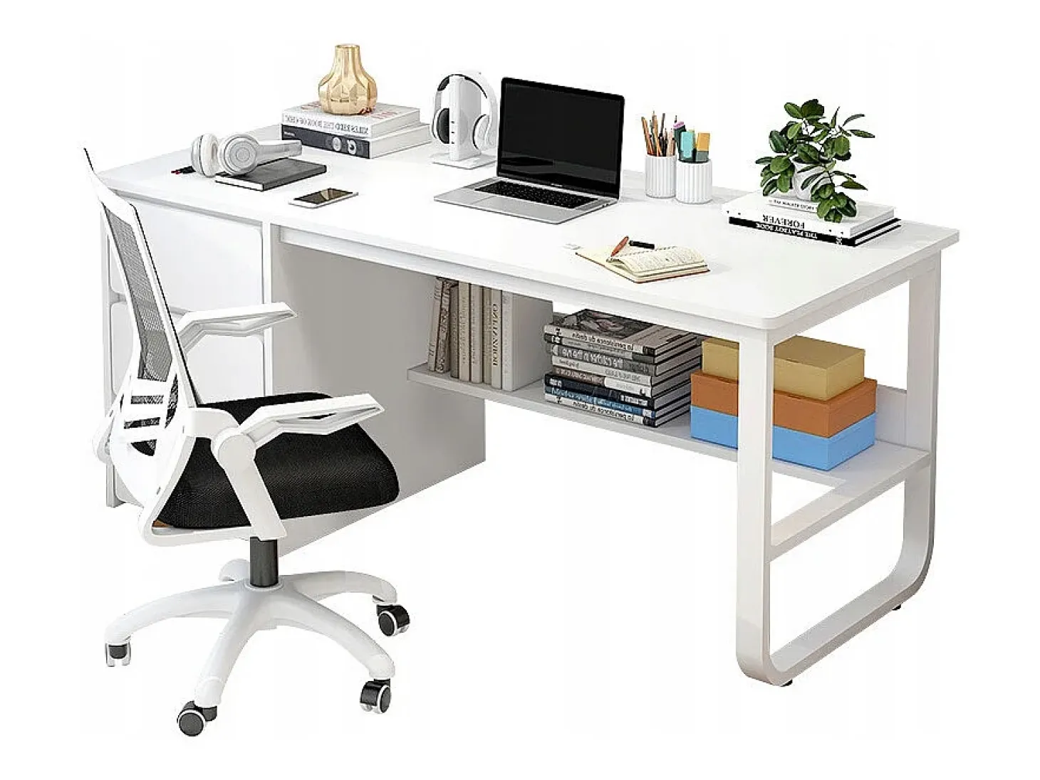 Escritório informático branco escandinavo 100 cm com grandes prateleiras integradas, design moderno e ergonômico